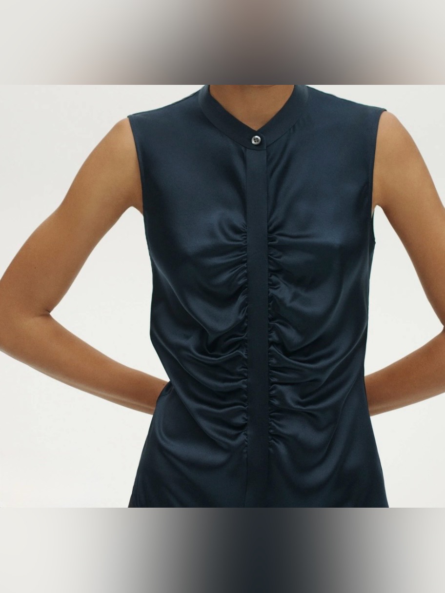 Theory Navy Satin Mandarin-Collar Blouse